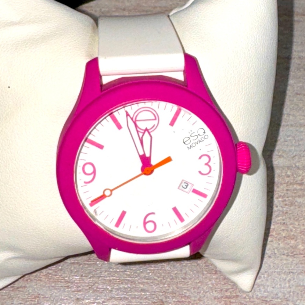 ESQ Movado ONE Unisex Watch Pink Case White Rubber Strap Swiss Quartz Pink